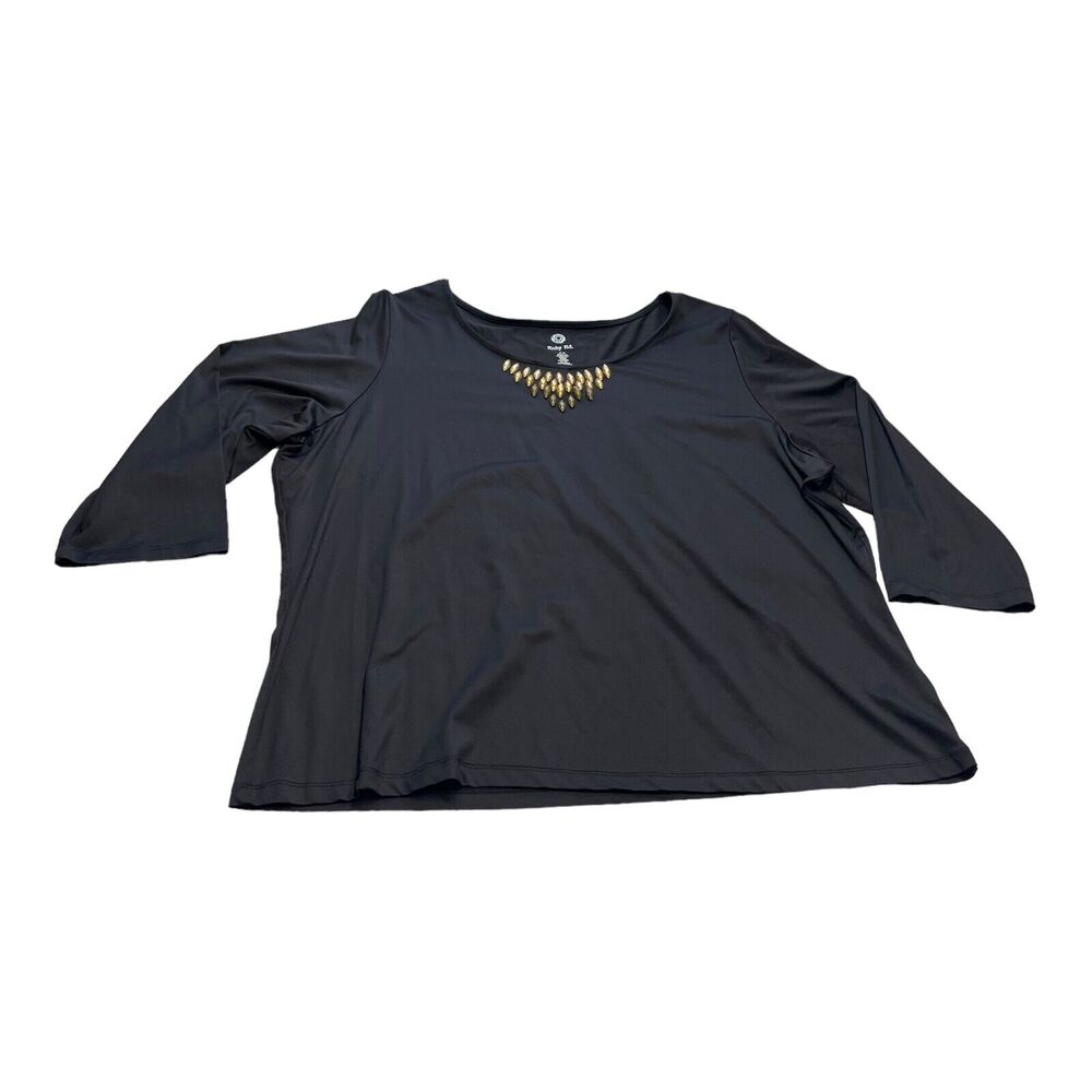 Ruby RD. Blouse Top Women's 2X Black Stretch Embellished Round Neck Long Sleeve